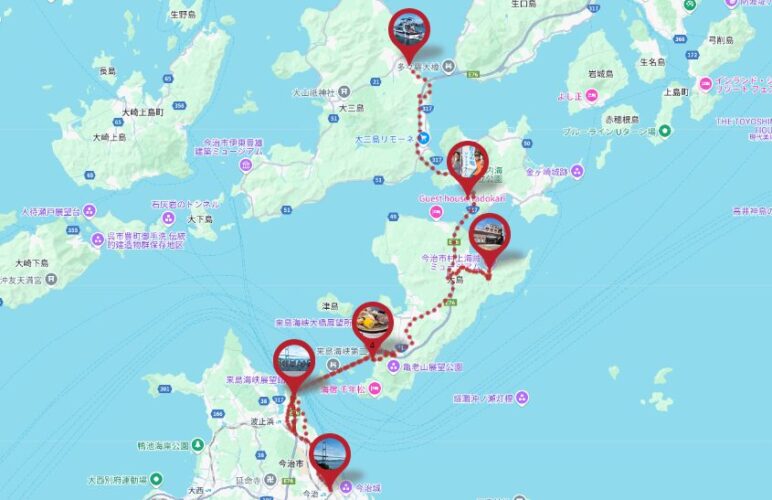 今治市と尾道市を結ぶ、しまなみ海道をサイクリングで体験する観光マップ