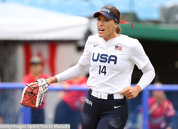 FUKUSHIMA, JAPAN - JULY 22: Pitcher Monica Abbott #14 of Team United States reacts in the first inning of their game against Team Canada during the Softball Opening Round of the Tokyo 2020 Olympic Games at Fukushima Azuma Baseball Stadium on July 22, 2021 in Fukushima, Japan. (Photo by Yuichi Masuda/Getty Images)
